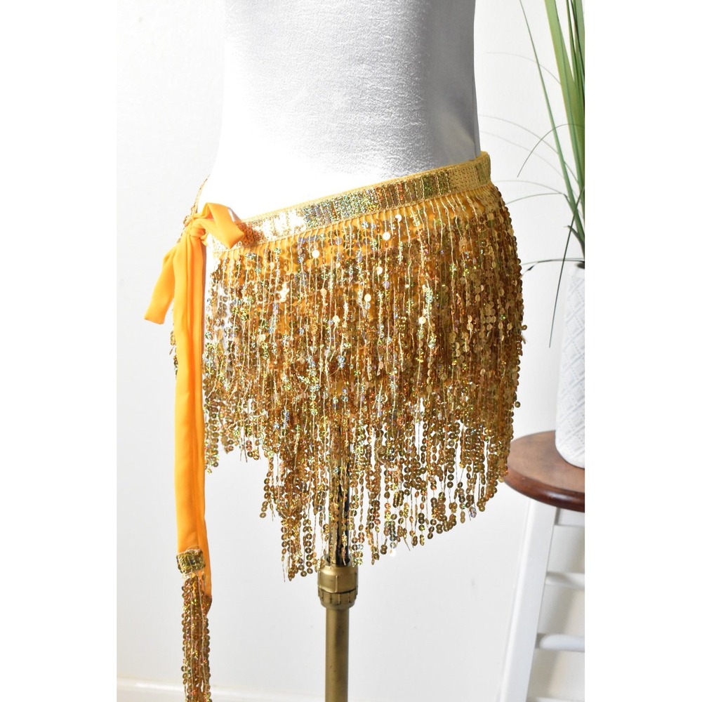 Sequin Hip Scarf Women One Size Gold Yellow Vintage Dance Wrap Skirt - Picture 5 of 10